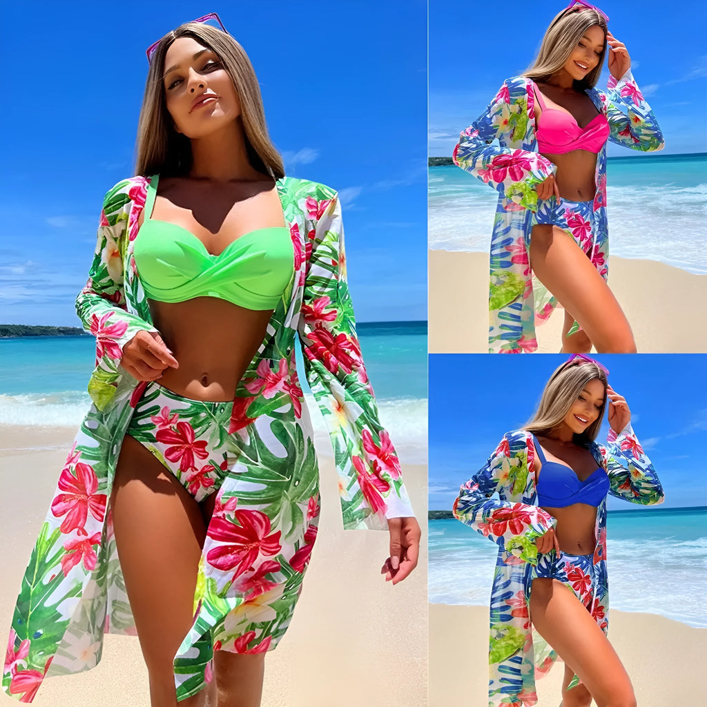Women's printed nylon three-piece swimsuit set with top, pants, and coat in blue, green, and rose red
