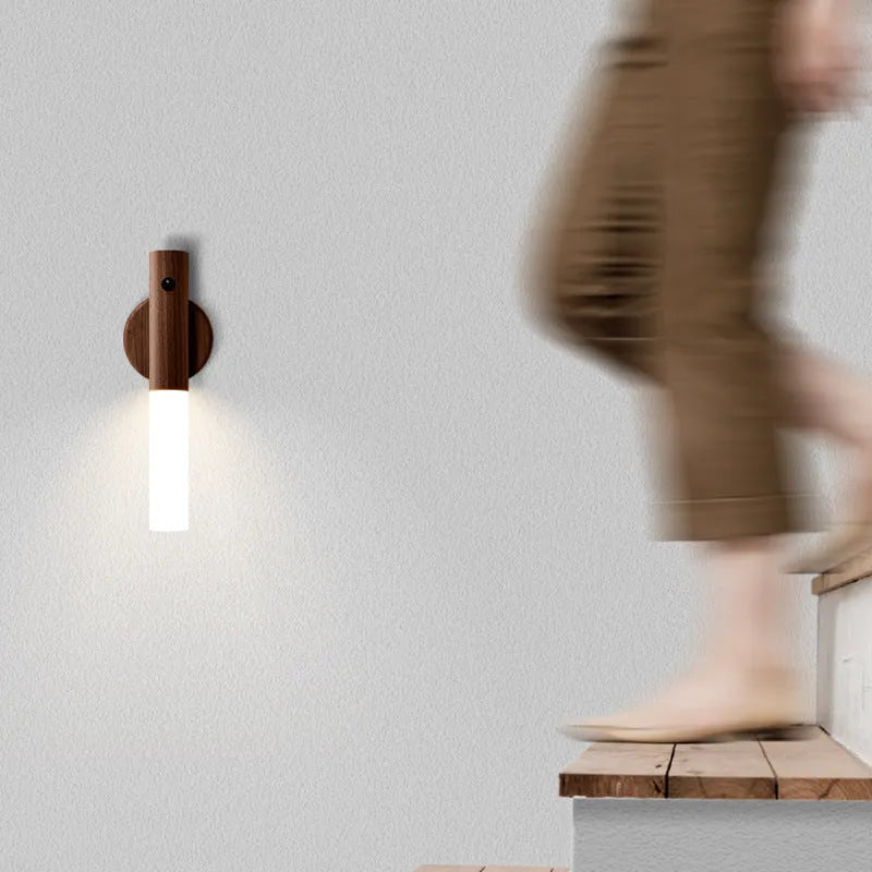 Smart motion sensor LED desk lamp made of solid wood and acrylic with a rechargeable battery.