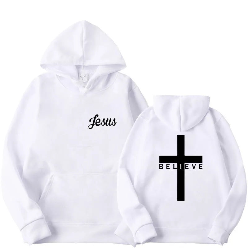 Believe Cross printed men's pullover hoodie with drawstring hood, polyester, black grey white navy blue
