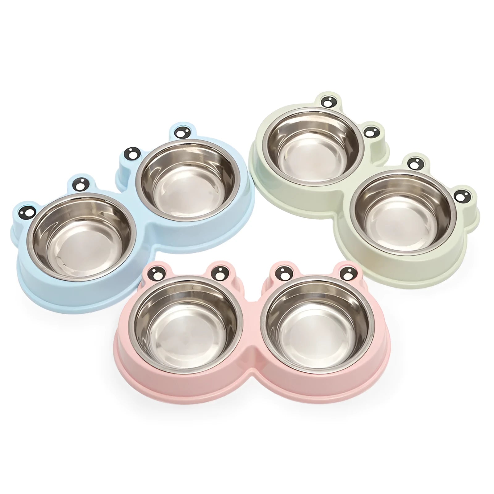 Blue stainless steel double pet bowl with frog design for cat and dog food and water.