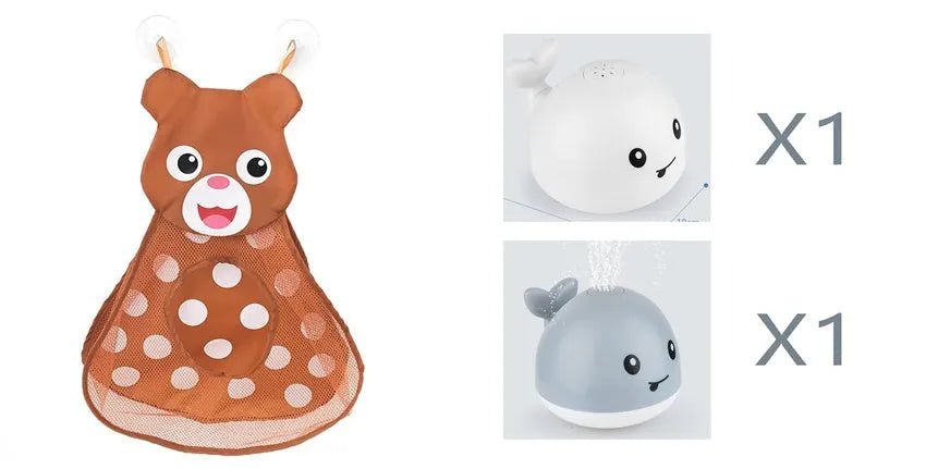 Automatic electric whale bath toy spraying water with LED lights on, floating in a baby bath.
