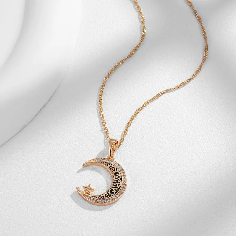 Rose gold necklace with star moon zircon pendant on water wave chain