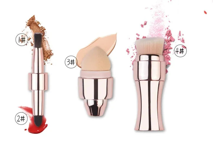 Four-in-one retractable makeup brush with gold handle and four brush heads on a white background