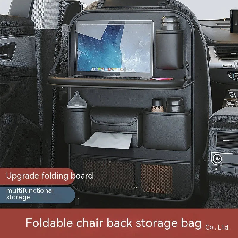 Leather car seat storage bag with foldable dining table in black colour