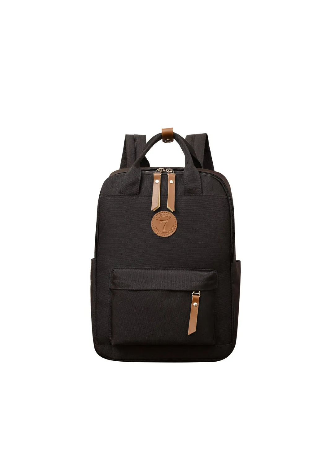 Black retro style Oxford cloth unisex backpack with curved shoulder straps.