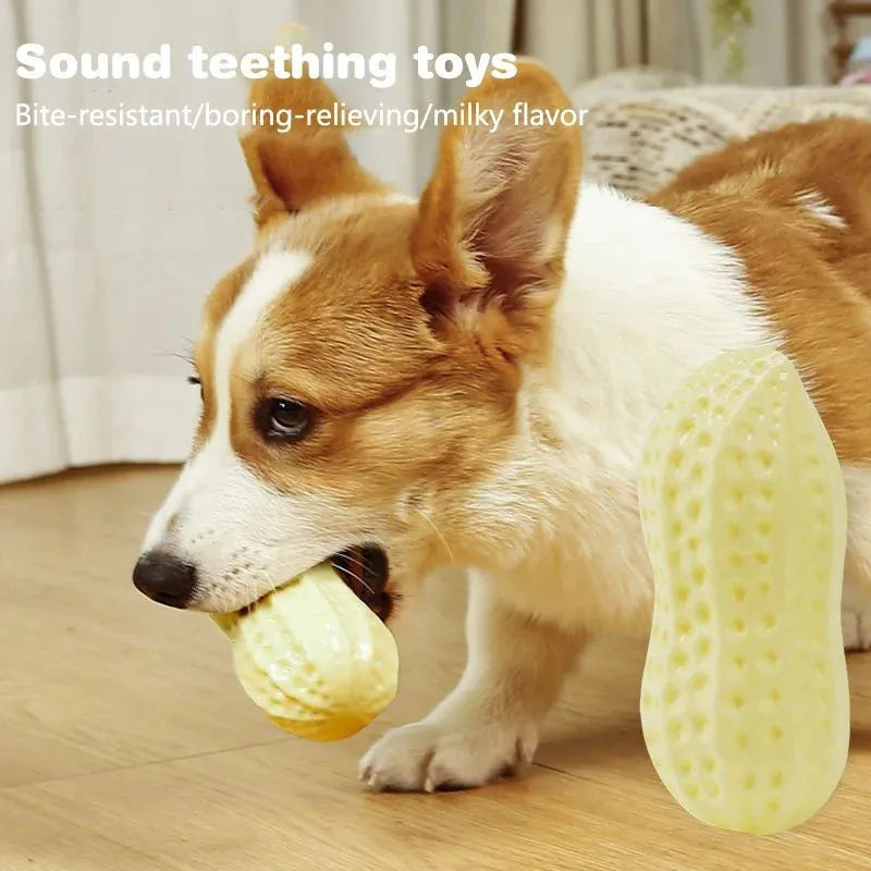Yellow rubber vinyl dog toy for small dogs with elastic chew and sound feature