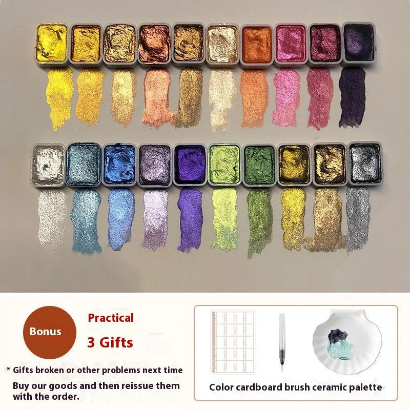 Traditional Chinese painting pearlescent watercolour set showing tubes of red, white, gold and assorted colours.