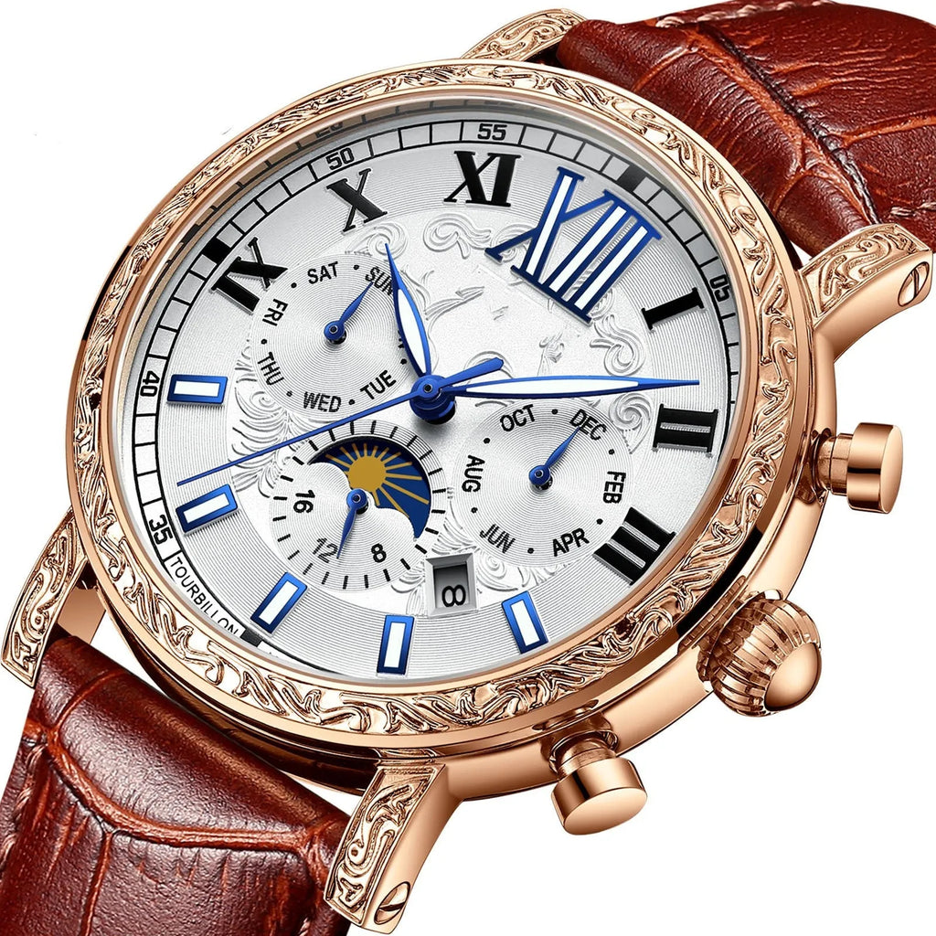 Hollow flywheel fully automatic mechanical watch for men with night glow, 42mm dial, genuine leather strap, lunar phase and calendar