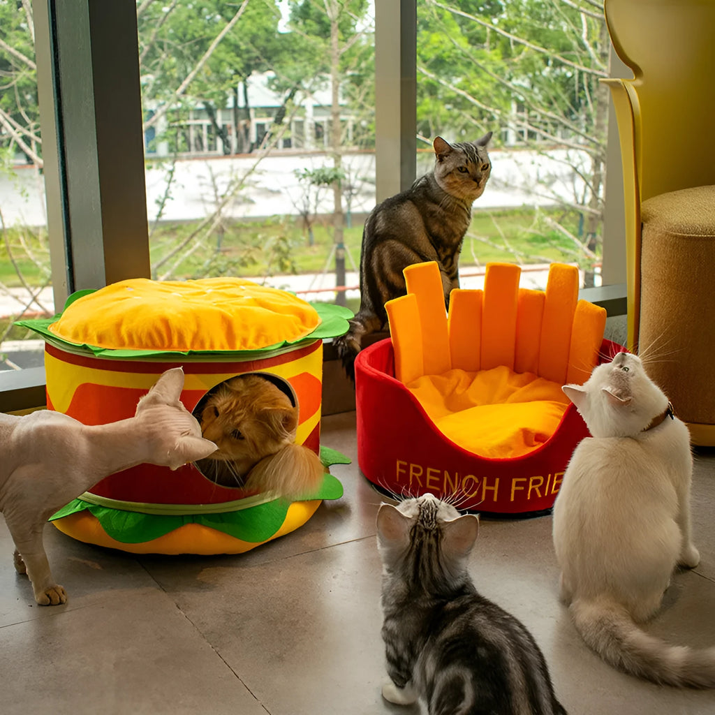 Crystal super soft velvet cat bed in French fries design with reversible cushion on white background
