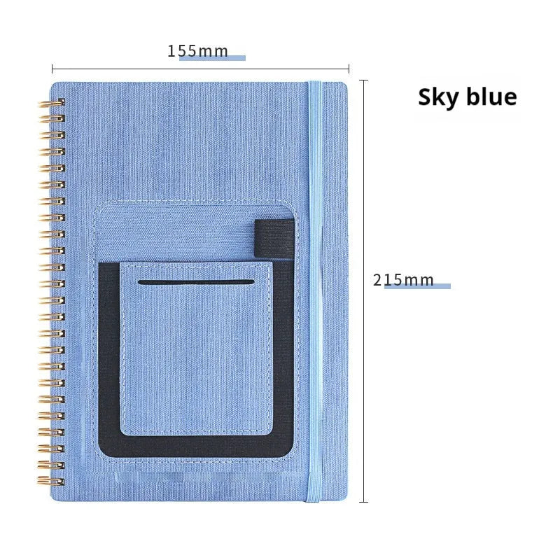 Erasable coil notebook with customisable cover options, featuring waterproof rock paper and included pen