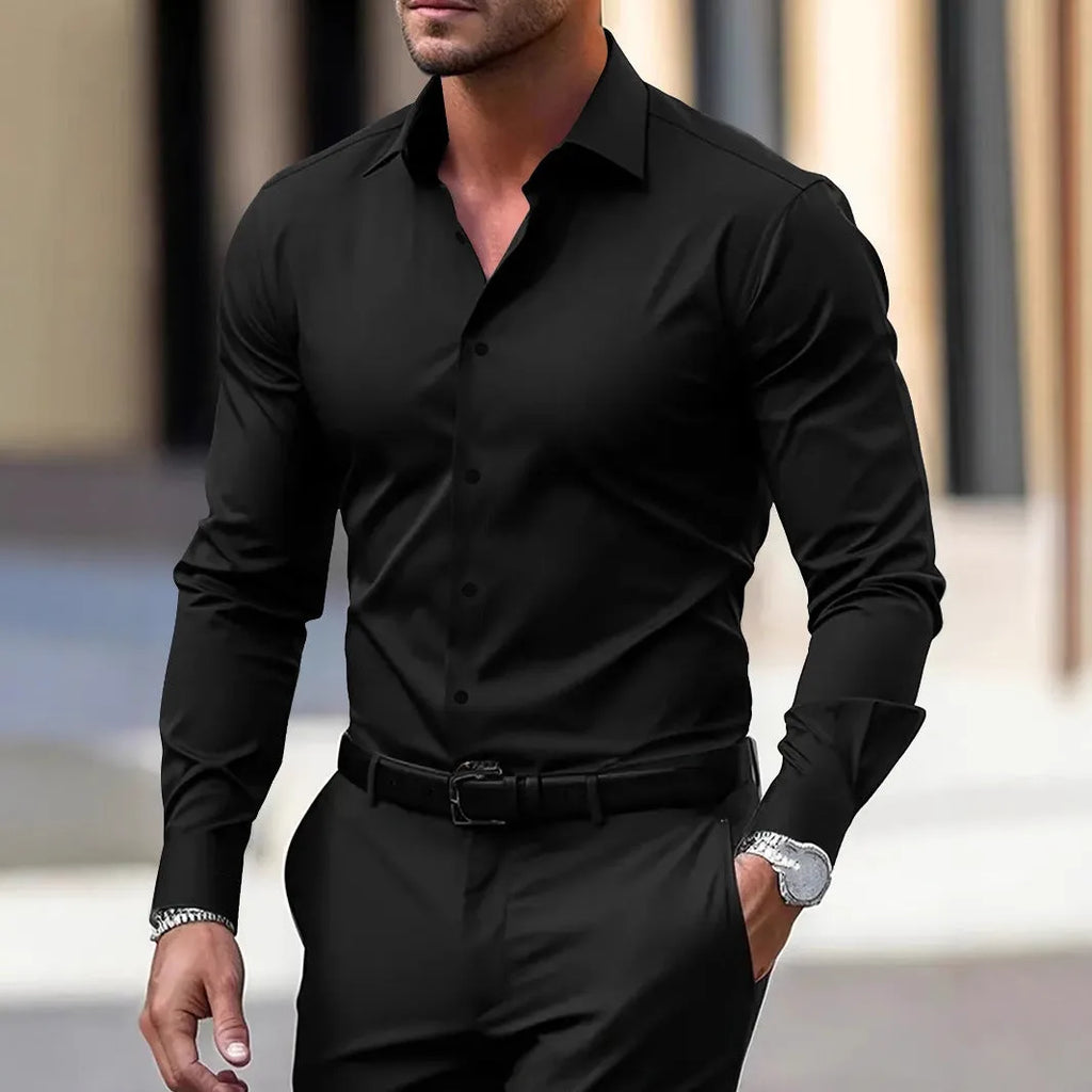 Men's solid colour velvet button down shirt in navy blue with long sleeves and lapel collar