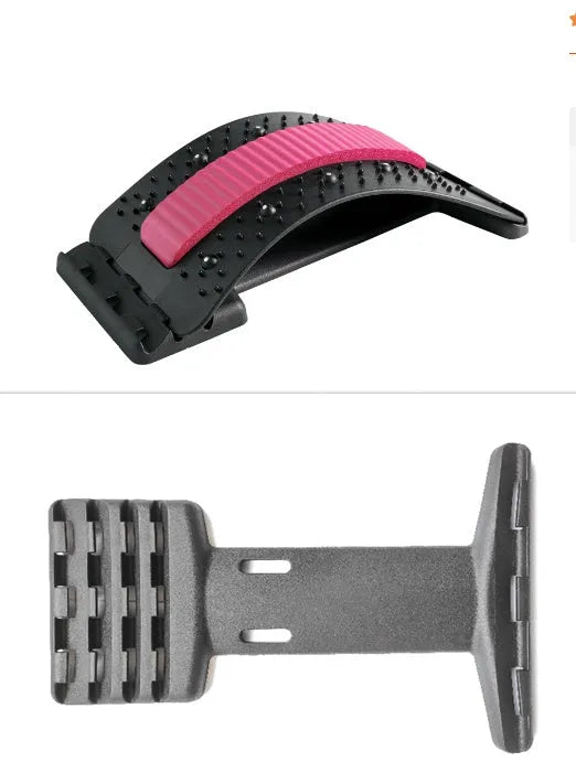 A blue and black adjustable back stretcher with 8 massage heads in a rectangular trapezoid shape for waist and back pain relief.