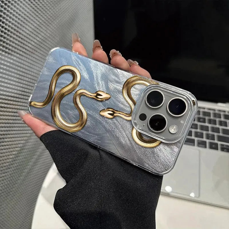 Silicone phone case with two gold snake animal print and frosted finish for iPhone