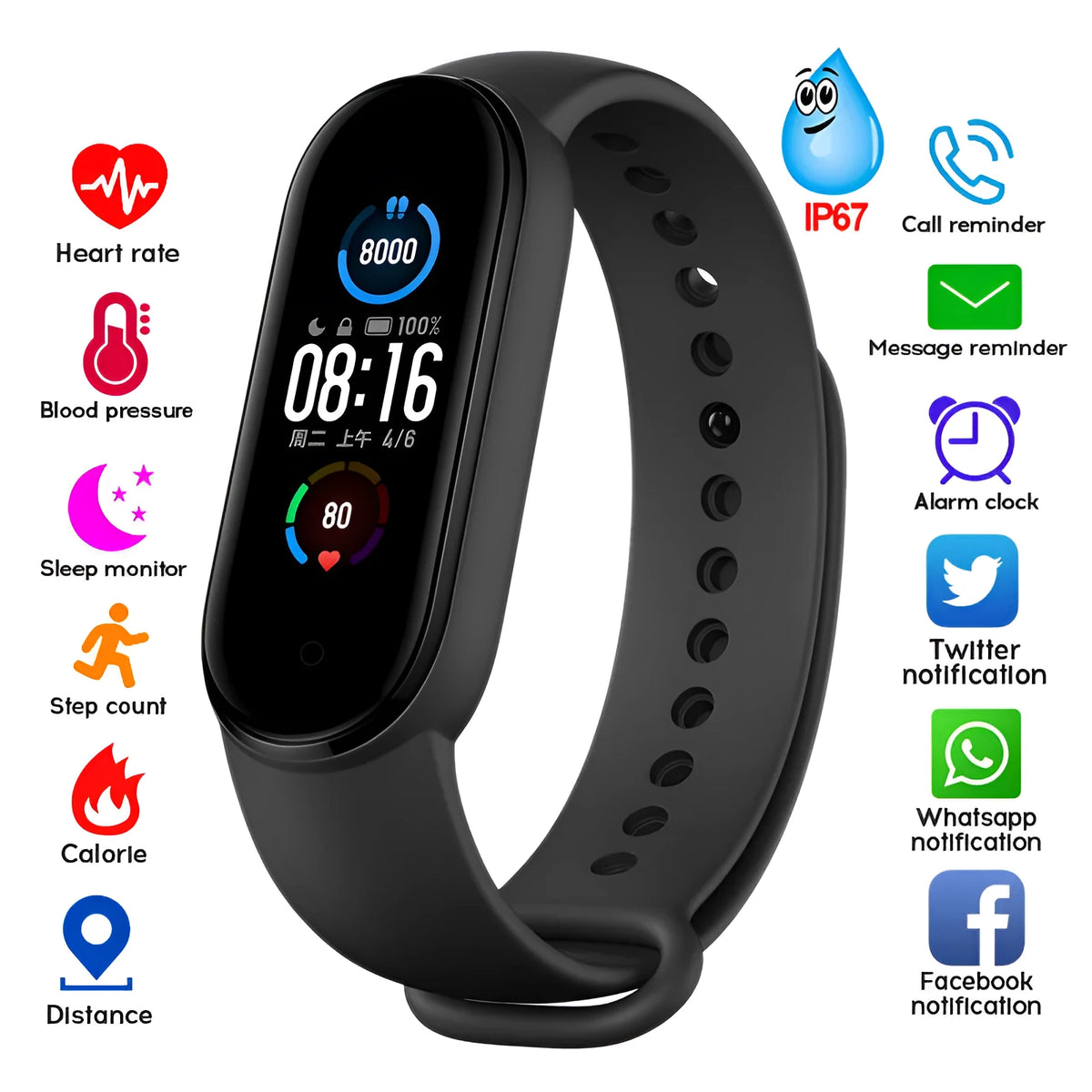 Smart magnetic waterproof fitness tracker with 0.96 inch colour touch screen in black with silicone wristband