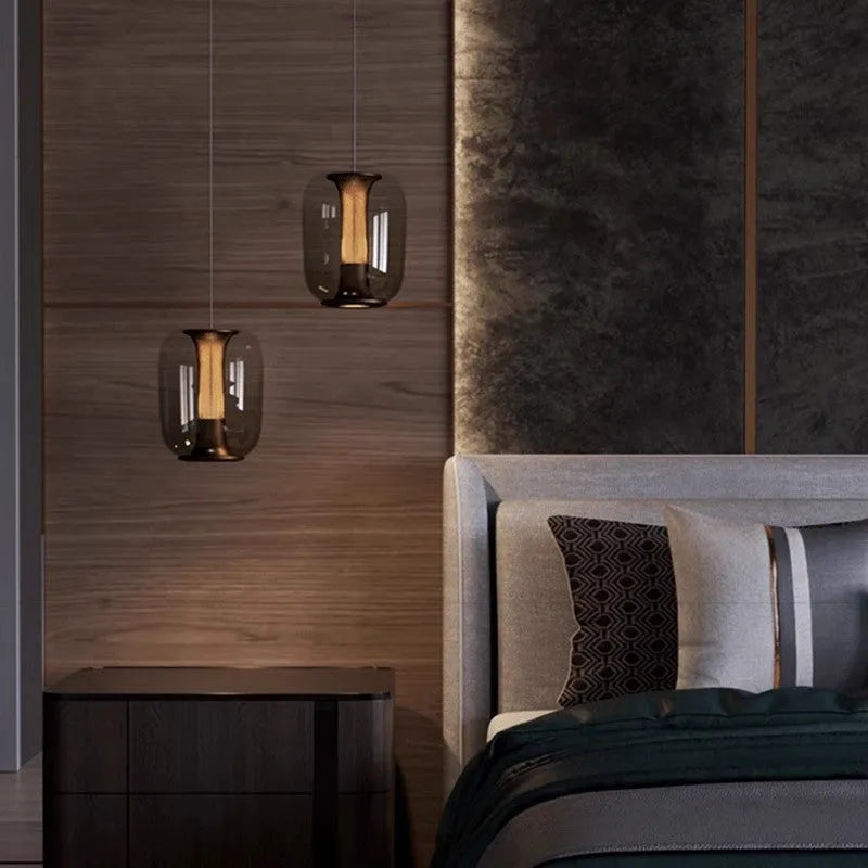 Minimalist Nordic chandelier light fitting in clear, cognac, or smoky grey colour measuring 16cm diameter by 20cm height