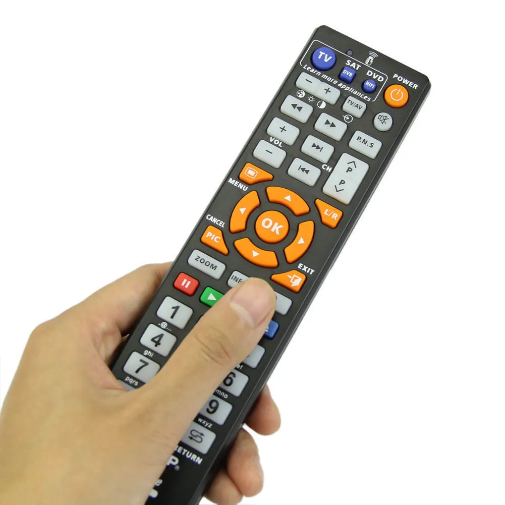 Black L336 full key universal learning remote control on a white background.