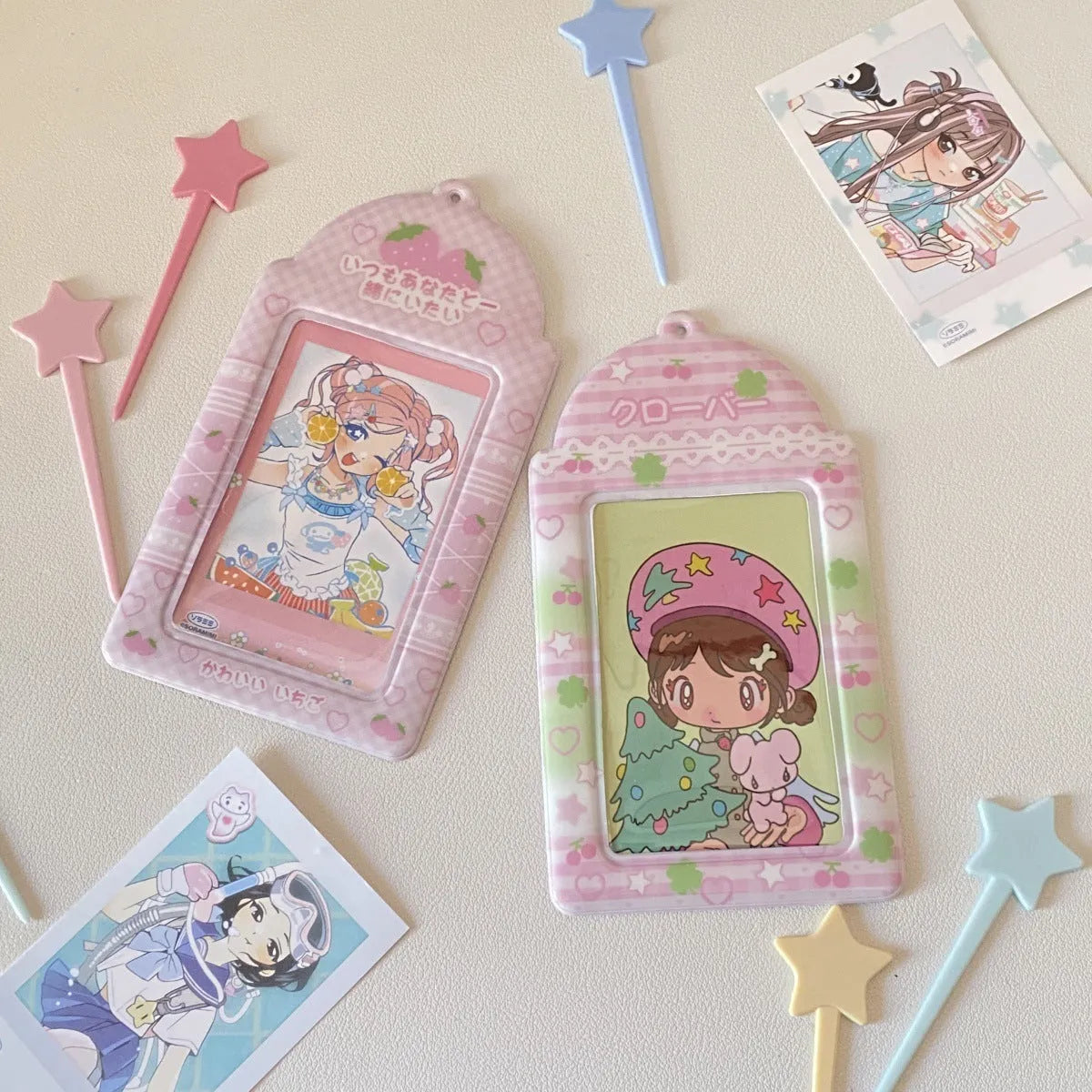 Cartoon PVC meal card holder pendant on a chain, showing strawberry and four-leaf clover design options.