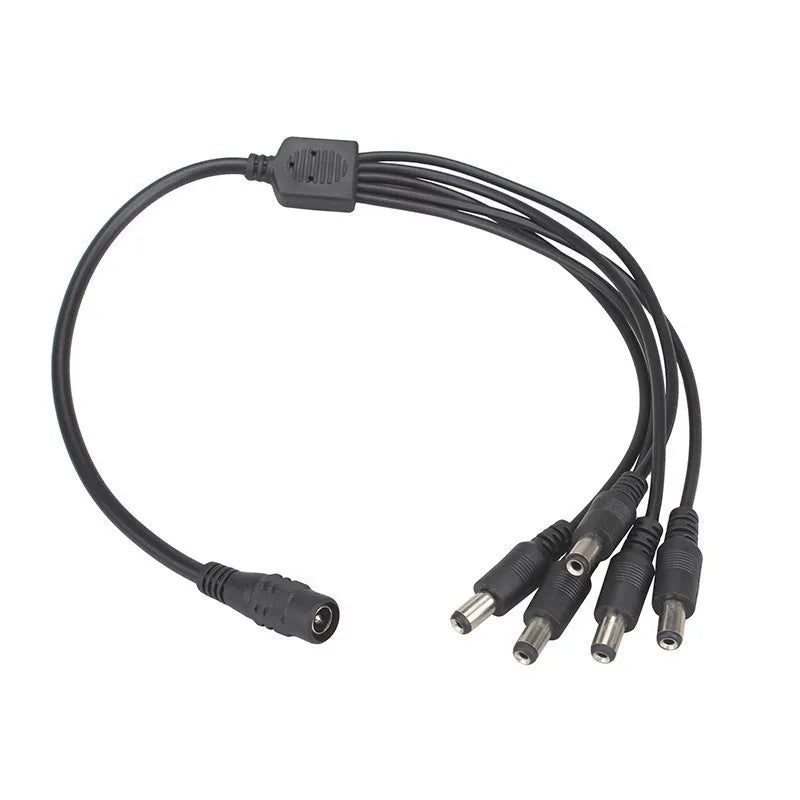 Black DC monitoring power cord with one-in-four interface and 5.5mm connectors for security systems