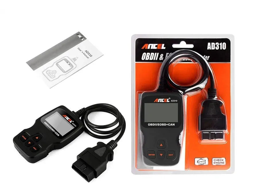 Black universal OBD2 car diagnostic code reader and instruction manual for engine fault detection.