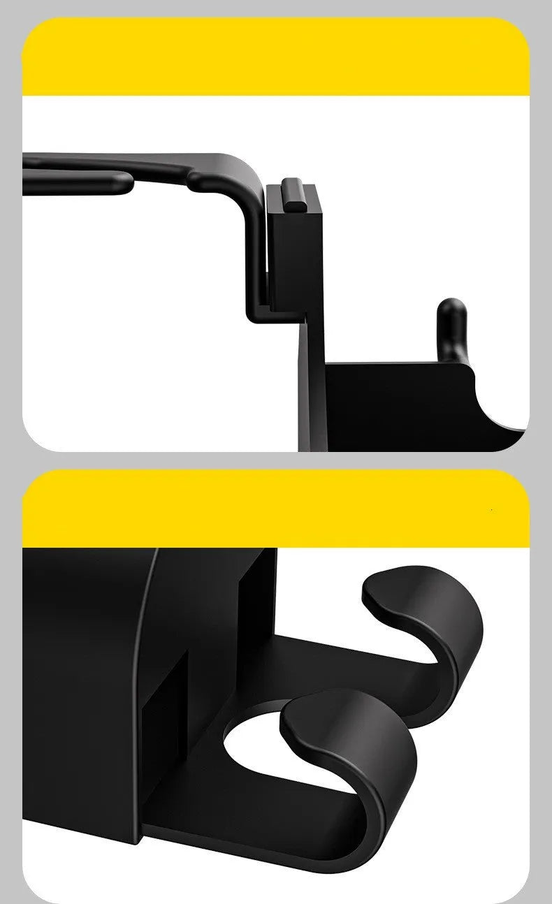 Black plastic car seat back hook with cup holder and hanging hooks for in-car organisation.