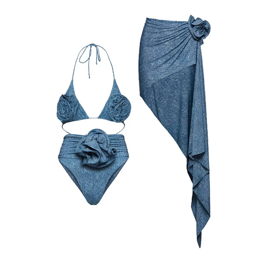 Women's decorative one-piece swimsuit with flower detailing and one-shoulder design in nylon fabric