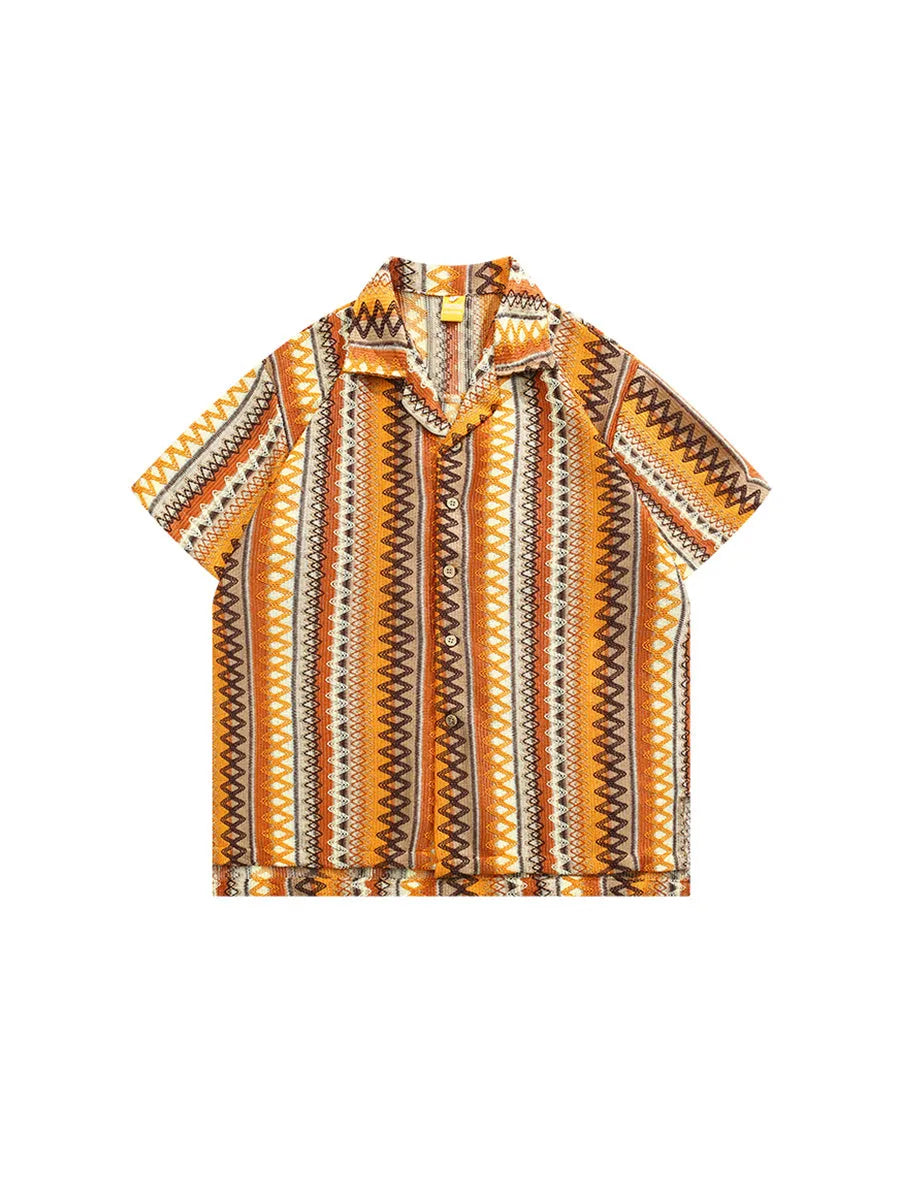 Ethnic style Cuban collar shirt with contrast colour detailing and drop-shoulder sleeves