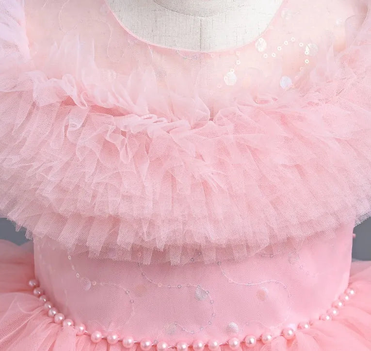 Girls casual princess dress in polyester with Western style, available in white, light pink, blue, champagne, sizes 110-160