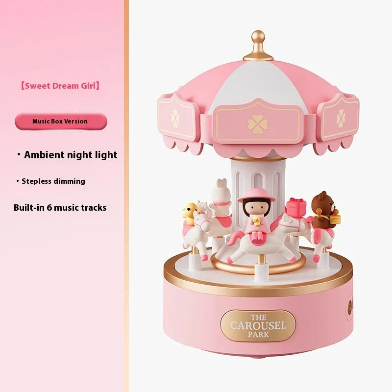Carousel music box with ambience light showing rotating figurine and USB charging base