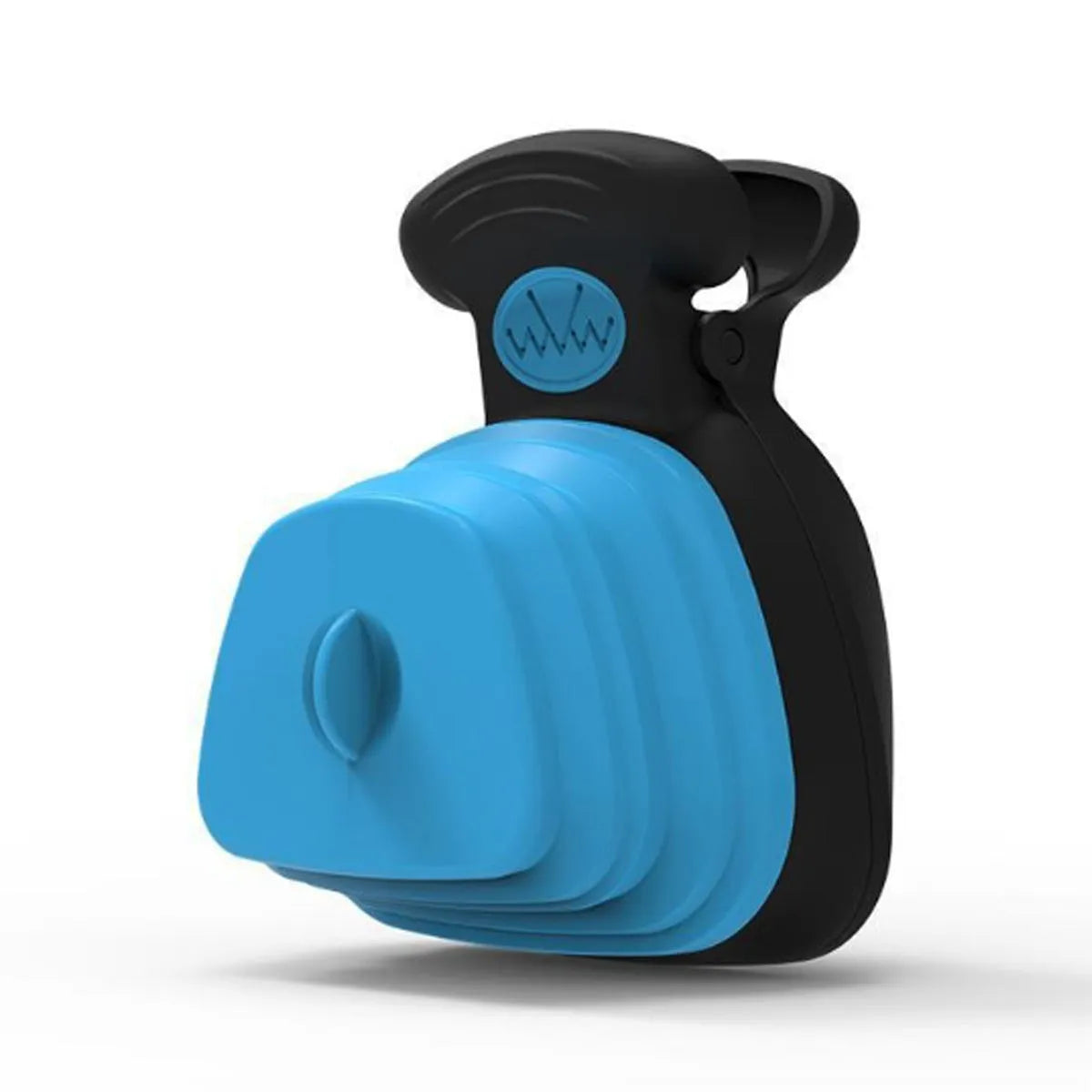 Blue portable dog pooper scooper with carabiner clip, expanded waste container, and bag dispenser.