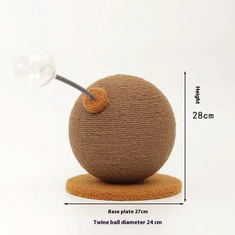 Hemp rope cat scratch board with interactive tumbler or grasping ball elements