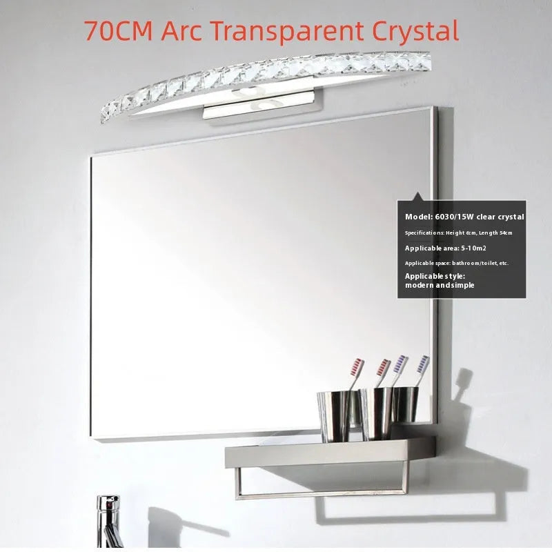 LED wall lamp with crystal face mask and stainless steel body, 44cm arc transparent crystal option