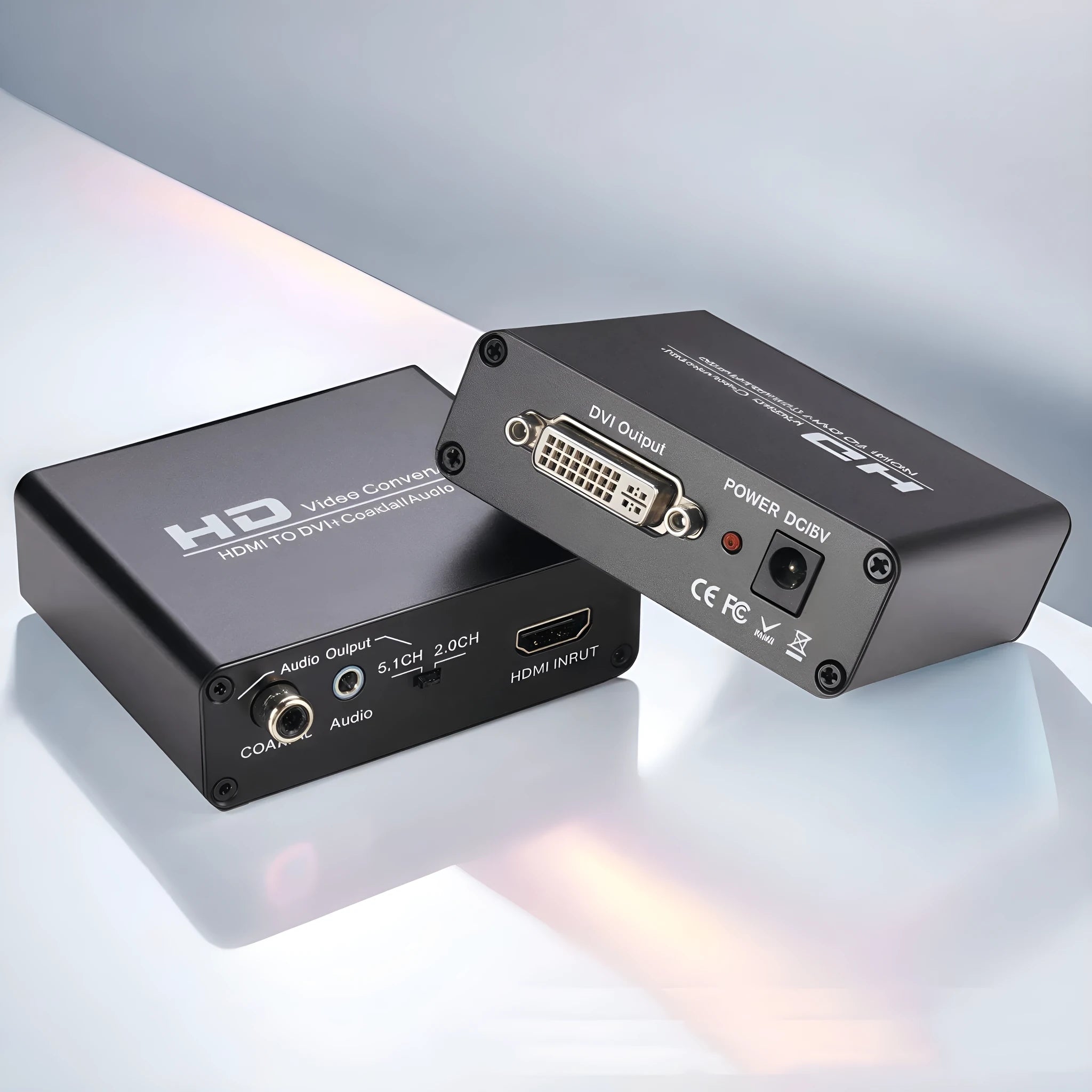 Black HDMI to DVI converter with 3.5mm audio output port and 1.5 metre cable