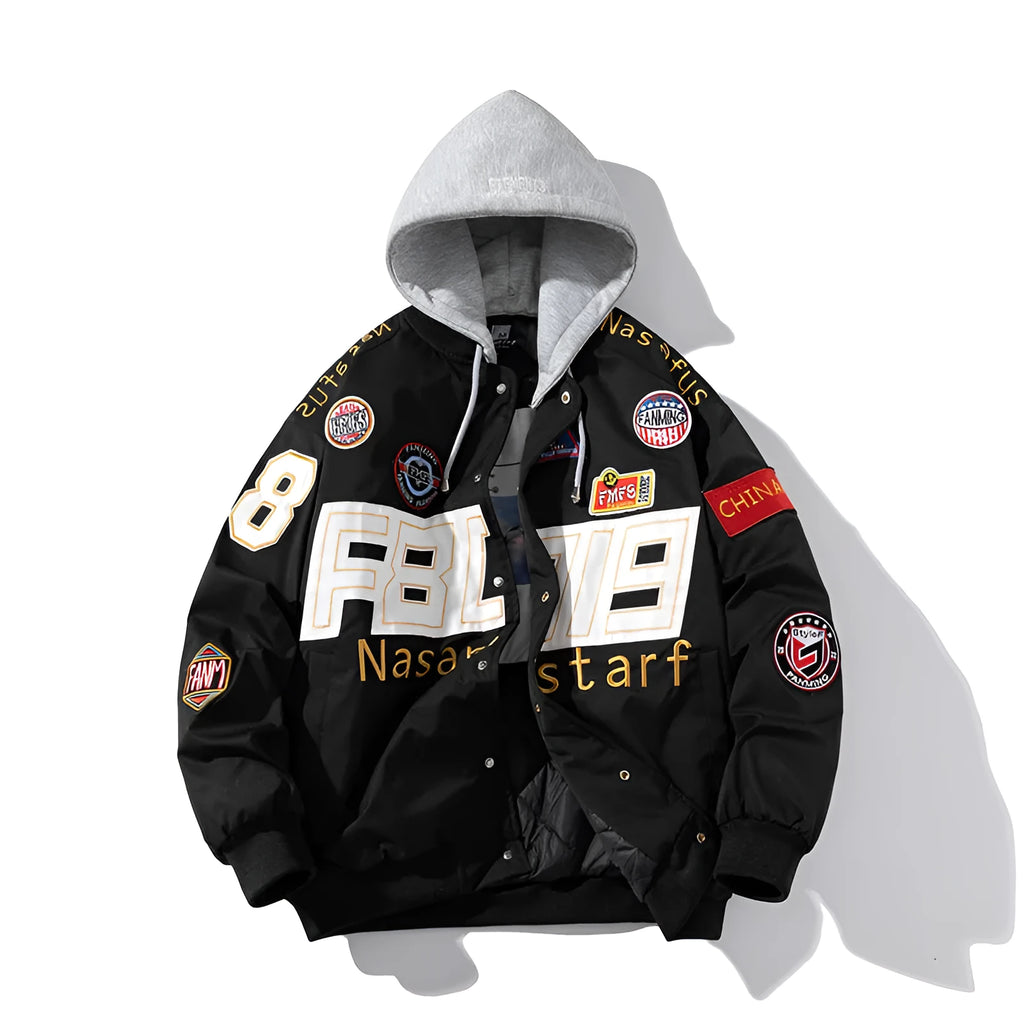 Loose-fitting black American motorcycle baseball jacket with detachable hood on a hanger