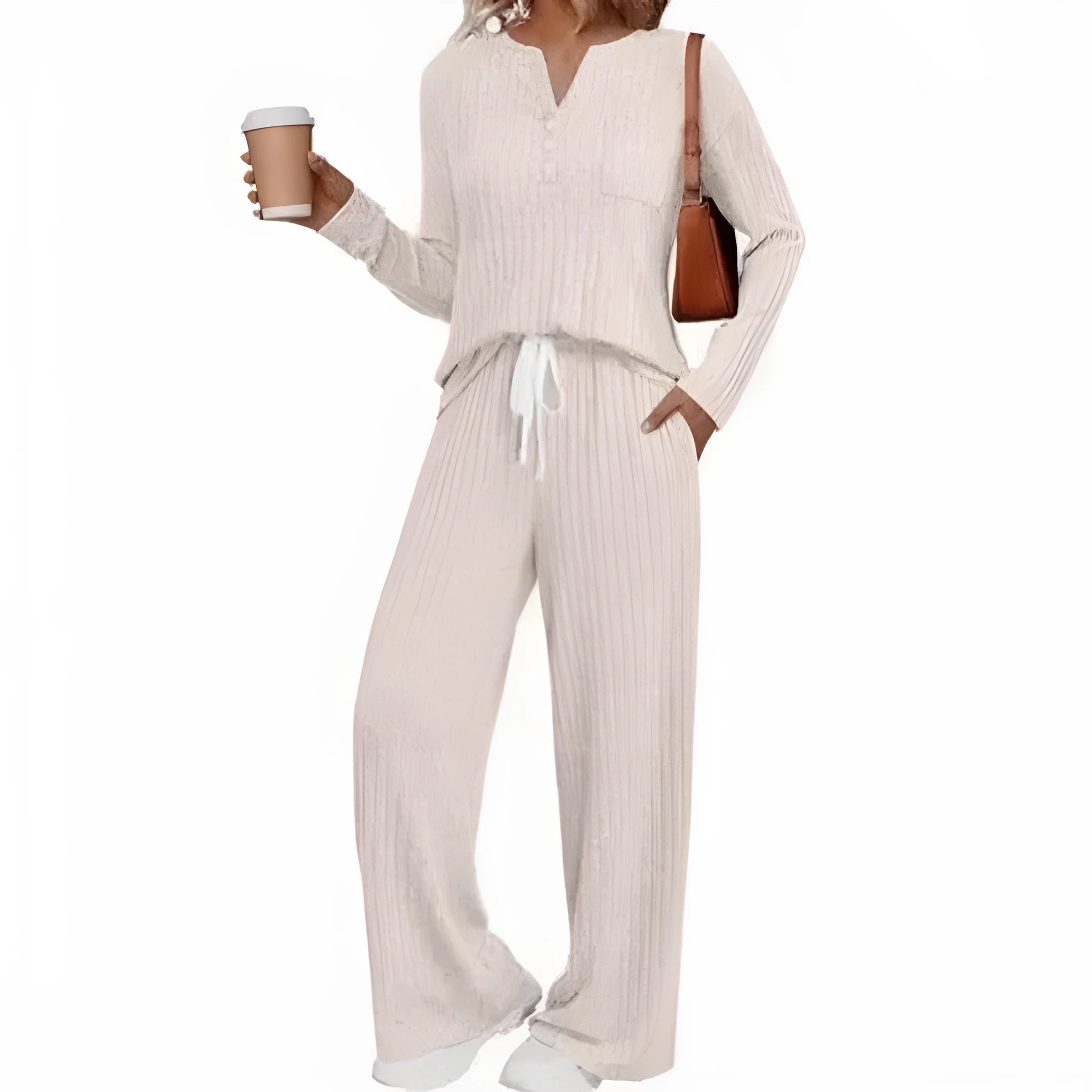 Women's striped V-neck knit casual coat with long sleeves and matching pants in light grey colour