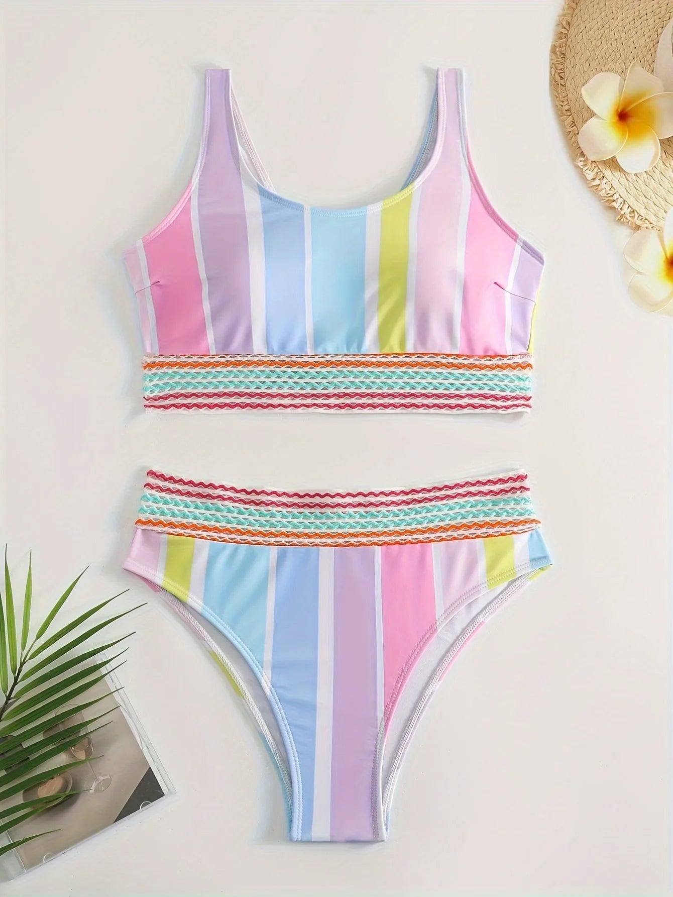 Women's striped two-piece bikini set for sports swimming, shown in picture colour.
