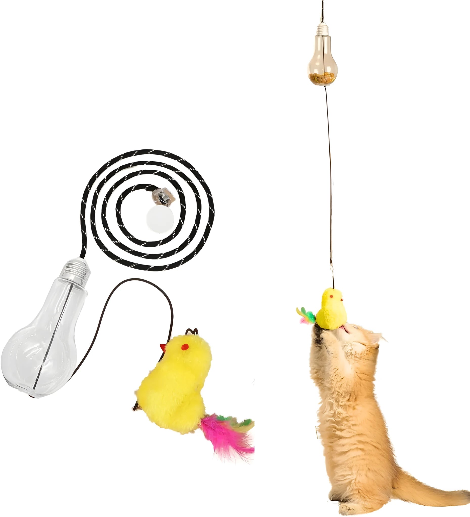Interactive cat toy hanging on door frame with retractable rope, swinging attachments and treat reward bulb