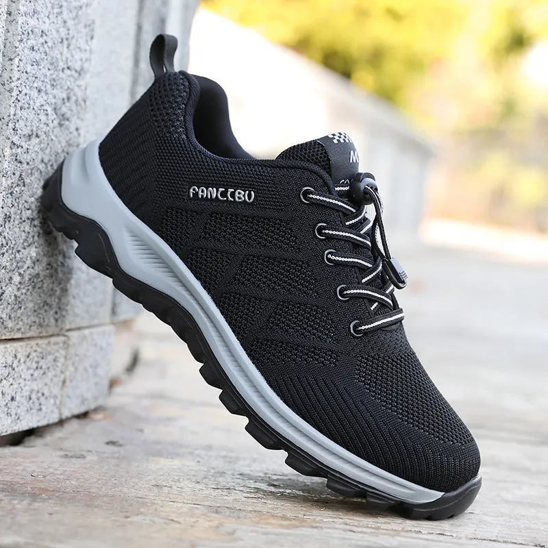 Breathable mesh walking shoes for men and women with widened sole in light gray purple colour, side view