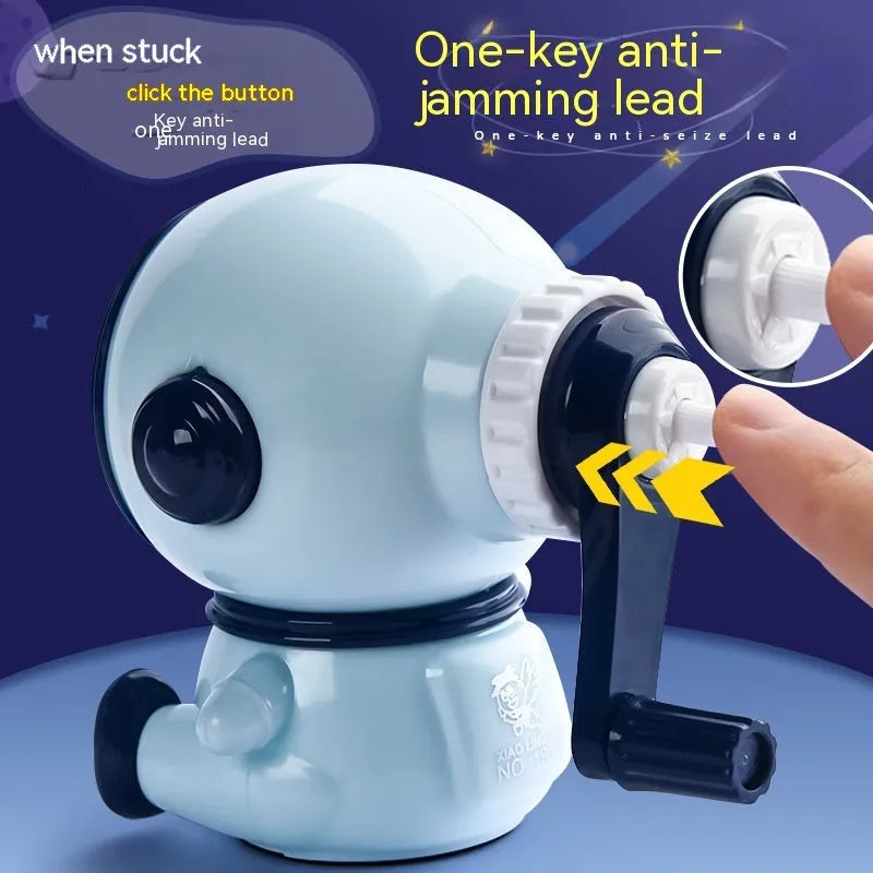 Blue astronaut themed manual pencil sharpener with anti-jam technology