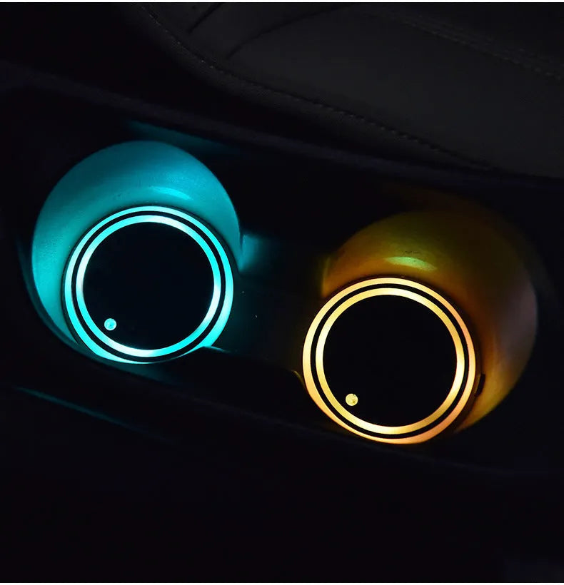 Colourful LED car cup holder coaster with seven light colours and USB cable