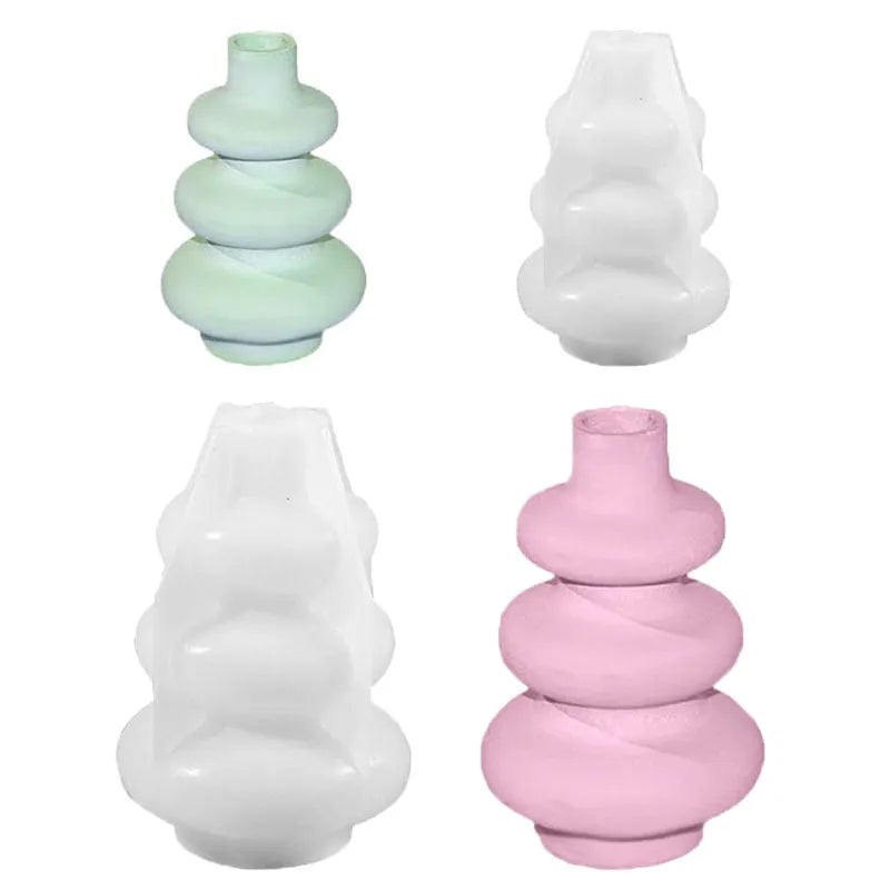 Silicone mould for making three-layer circular vase ornament cakes in modern irregular shape.