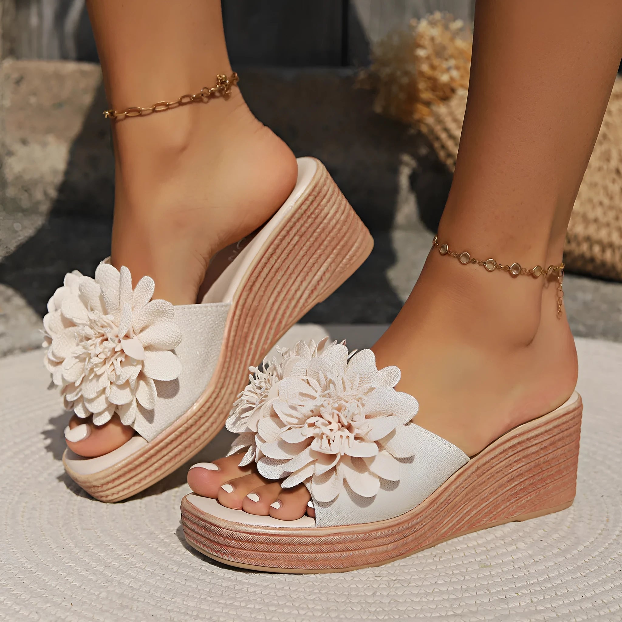 Women's flower design wedge sandals with PU upper, fish mouth toe, and rubber sole in white