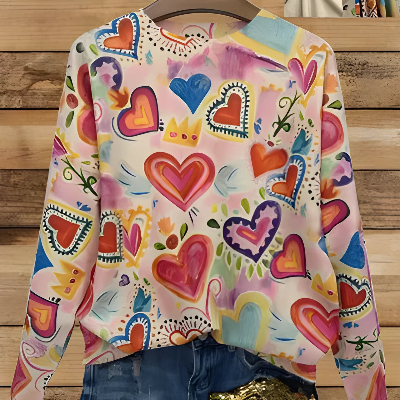Loose fit short sleeve t-shirt with a digital all-over print and a lapel collar, on a hanger.