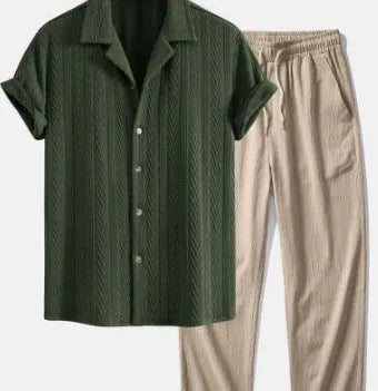 Men's short sleeve shirt and trousers set with camouflage digital print in slim fit