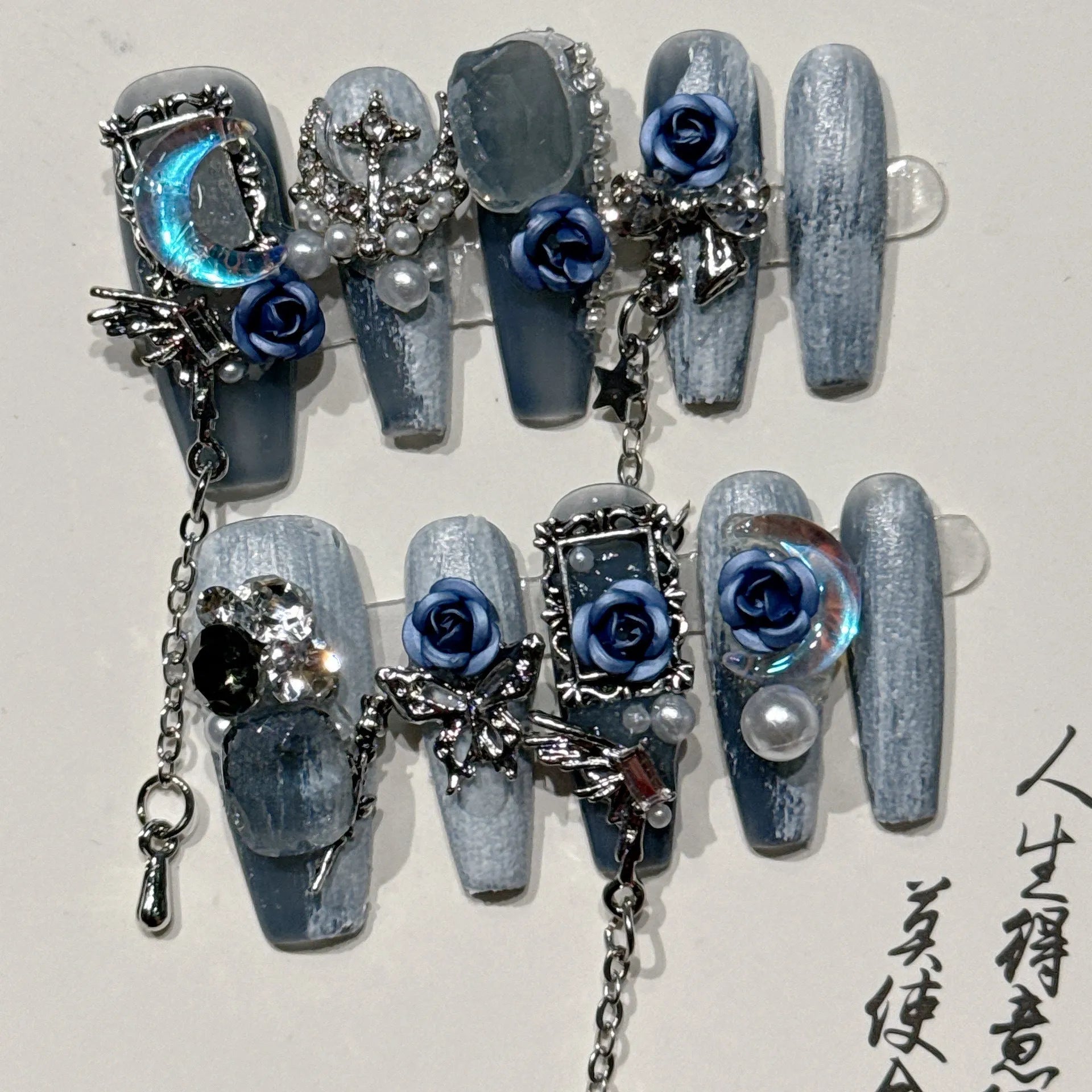 Heavy industry night blue plastic nail armour suit with rose and tulip floral patterns for evening manicure