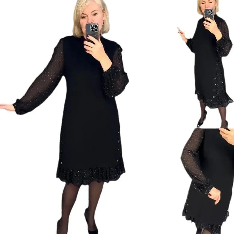 Black A-line mid waist dress with princess sleeves and character print, polyester fabric, available in sizes S to 5XL