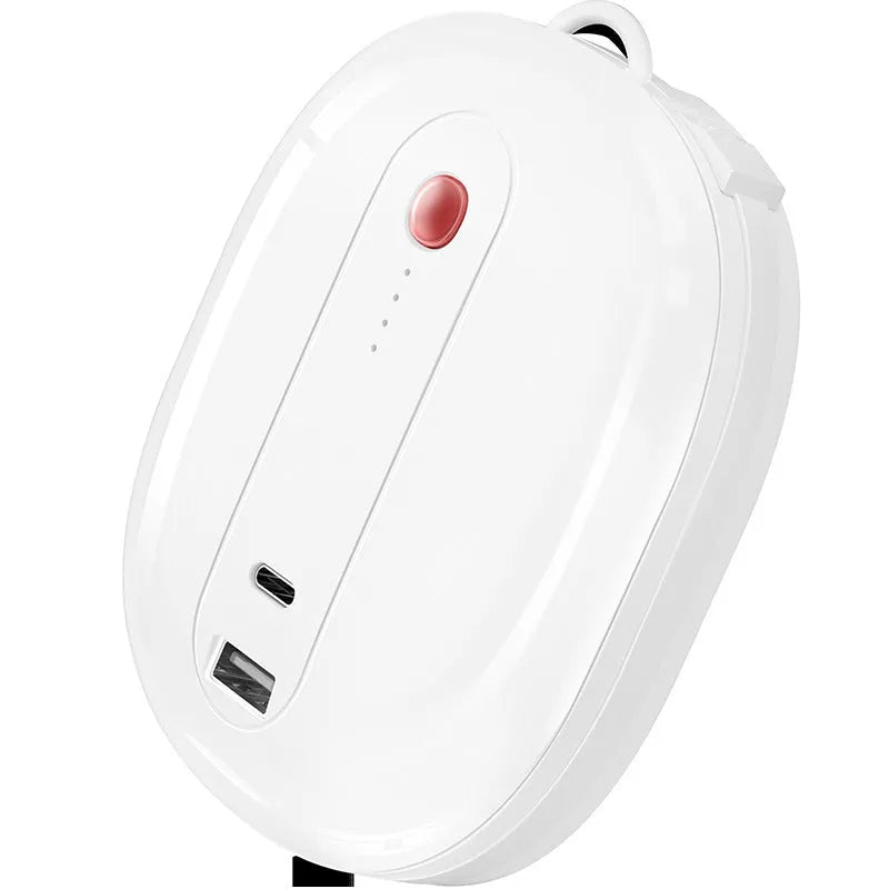 Two-in-one power bank with plug socket showing white aluminium shell and 10000mAh capacity