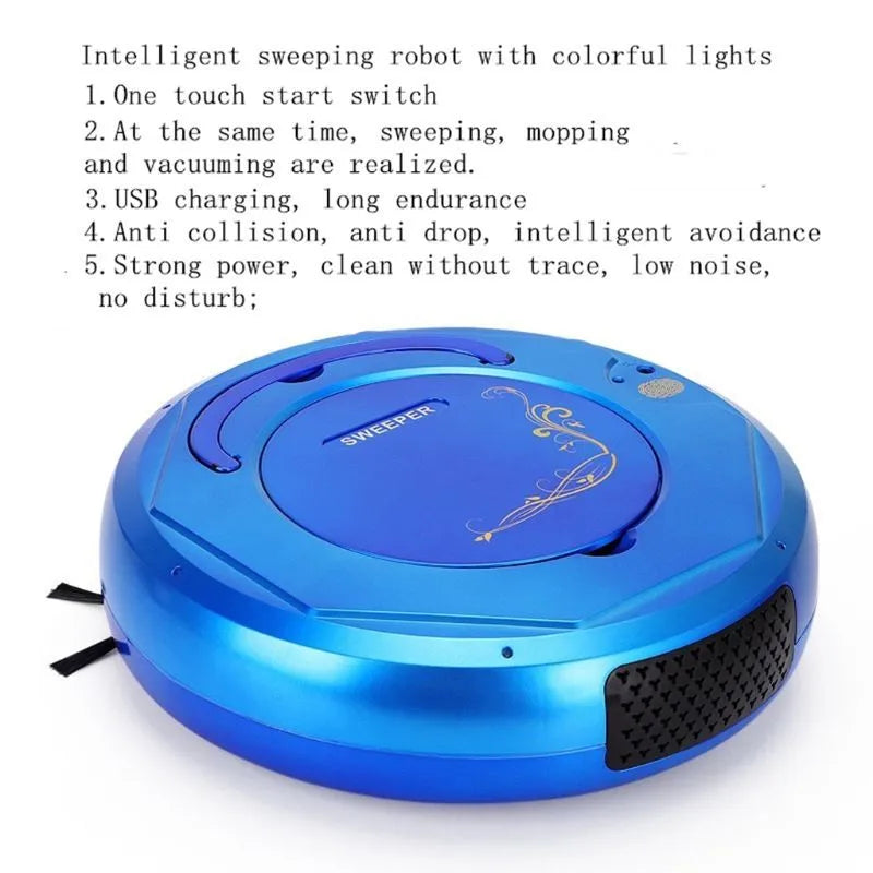 Blue robotic floor vacuum cleaner with dust box on hard wooden flooring