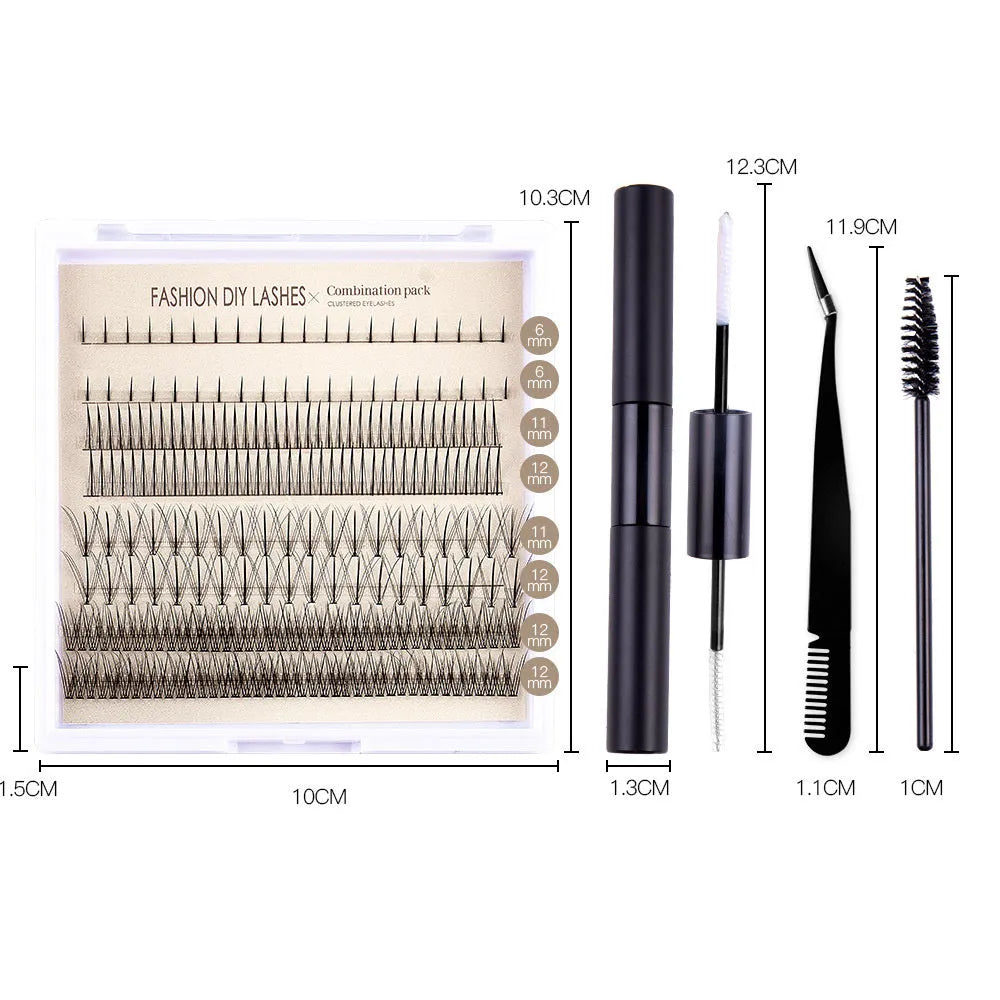 DIY false eyelash glue suit showing single-cluster artificial fibre lashes and adhesive tweezers brush tools on a pink background.
