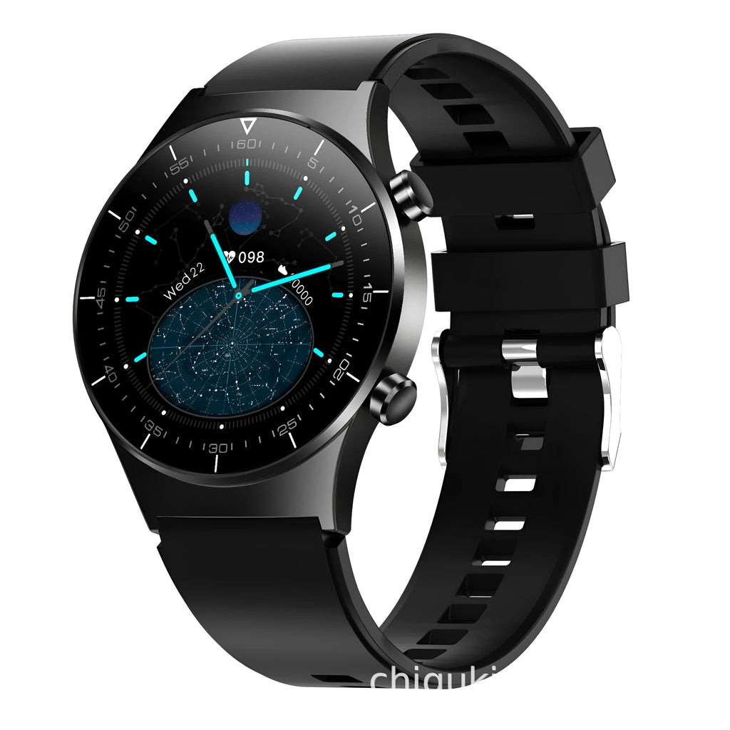 Black smart watch with TPU wristband showing heart rate monitoring on 1.28 inch touch screen