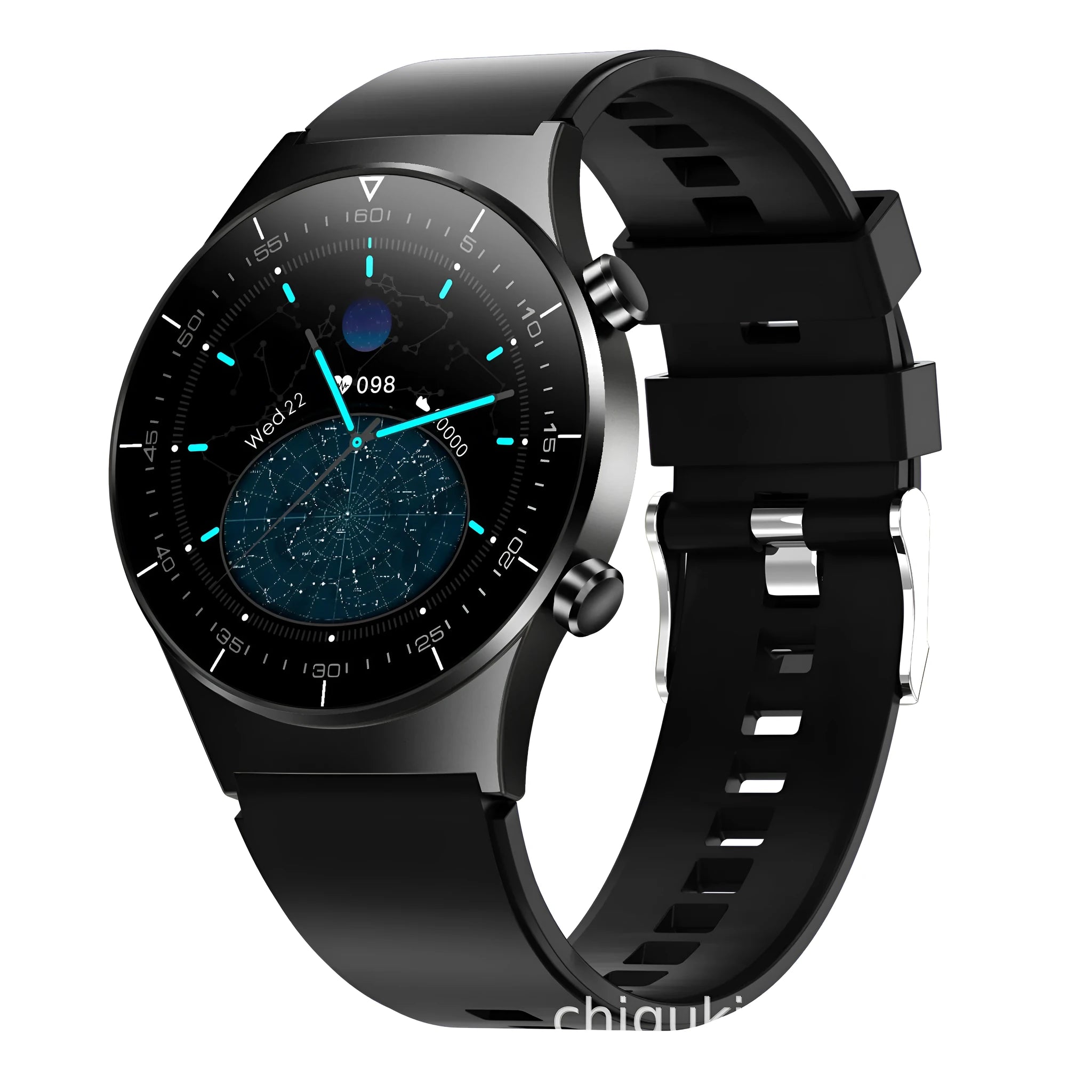 Black smart watch with TPU wristband showing heart rate monitoring on 1.28 inch touch screen